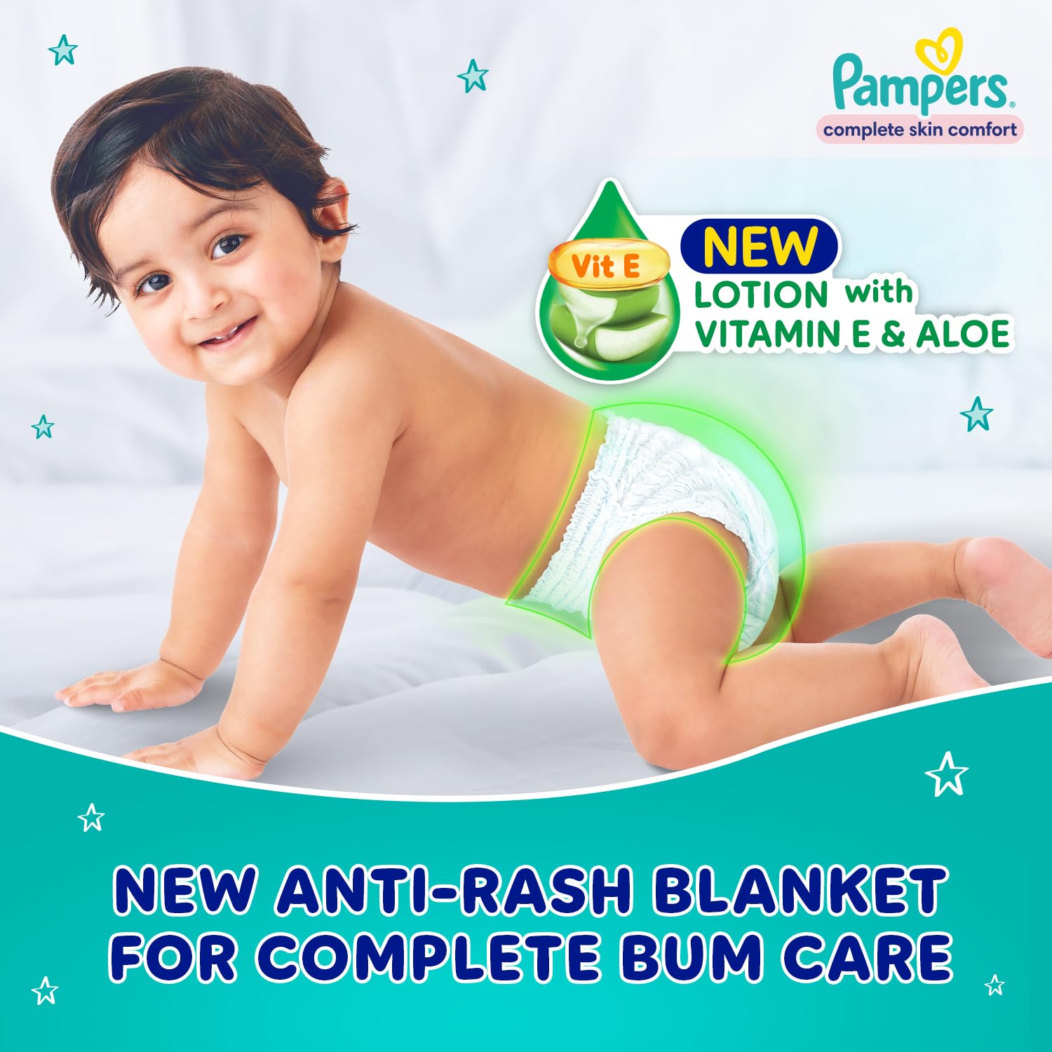 Pampers Complete Skin Comfort Pants, Anti-rash blanket, Lotion with Vitamin E & Aloe Vera, Large (L), 64 Count, 9-14kg - Image 4