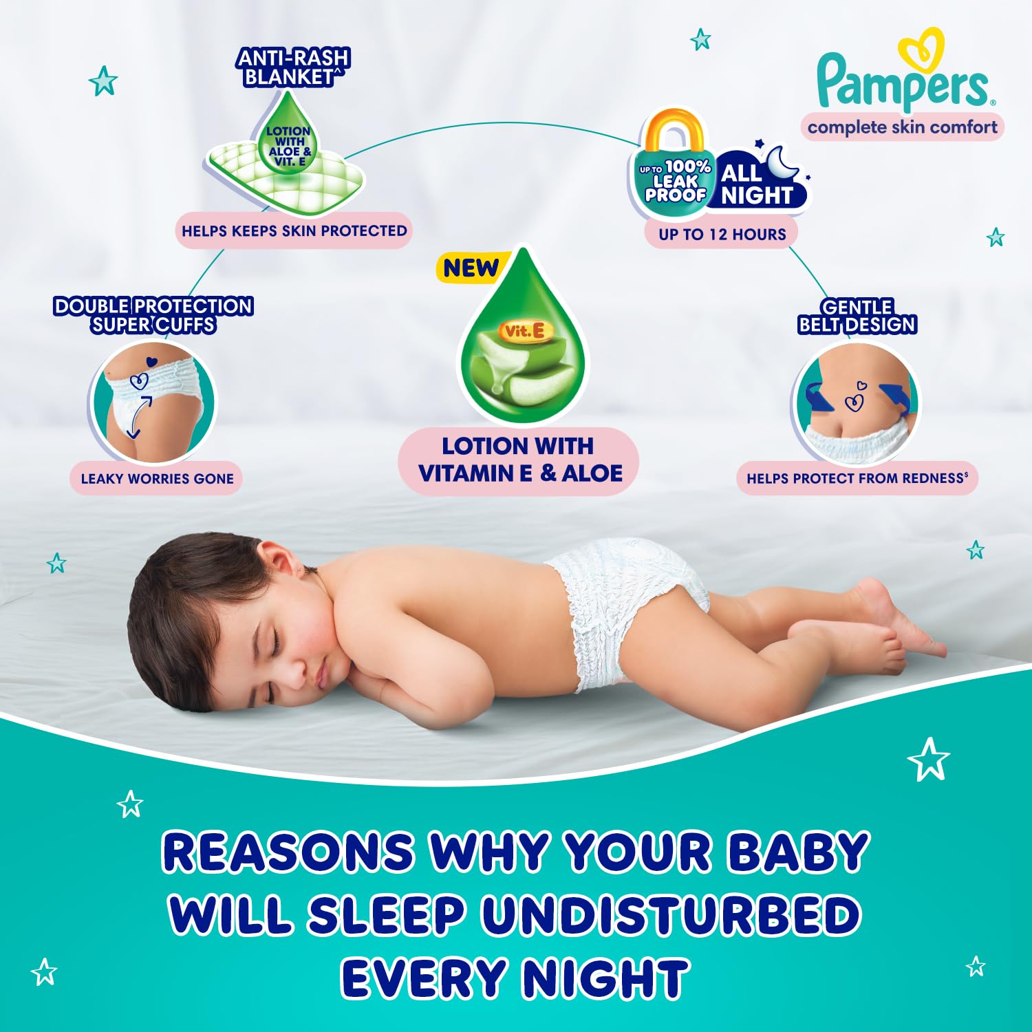 Pampers Complete Skin Comfort Pants, Anti-rash blanket, Lotion with Vitamin E & Aloe Vera, Large (L), 64 Count, 9-14kg - Image 7