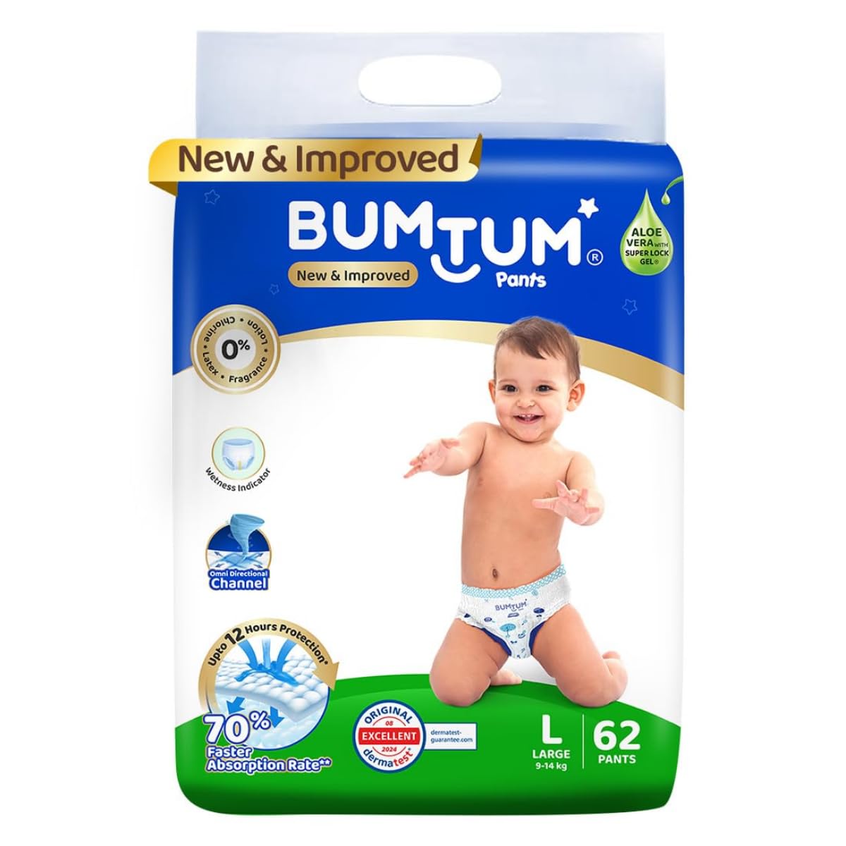 Bumtum Baby Diaper Pants, Large Size, 62 Count, Double Layer Leakage Protection Infused With Aloe Vera, Cottony Soft High Absorb Technology (Pack of 1) - Image 2