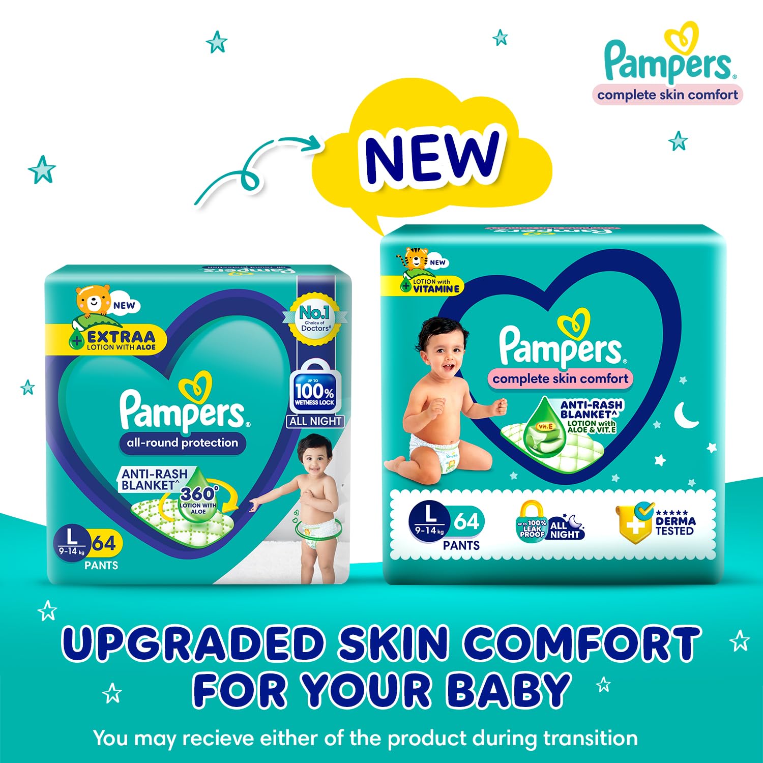 Pampers Complete Skin Comfort Pants, Anti-rash blanket, Lotion with Vitamin E & Aloe Vera, Large (L), 64 Count, 9-14kg - Image 3