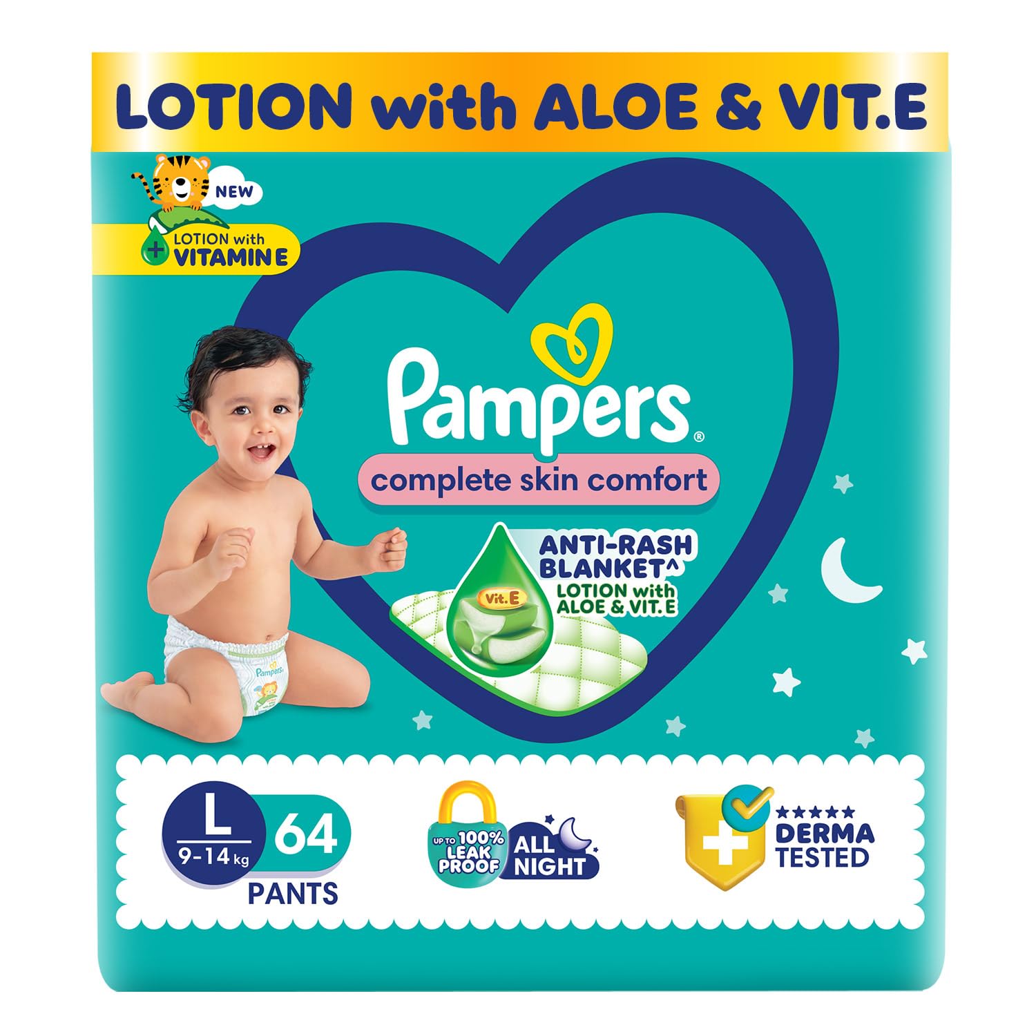 Pampers Complete Skin Comfort Pants, Anti-rash blanket, Lotion with Vitamin E & Aloe Vera, Large (L), 64 Count, 9-14kg - Image 2
