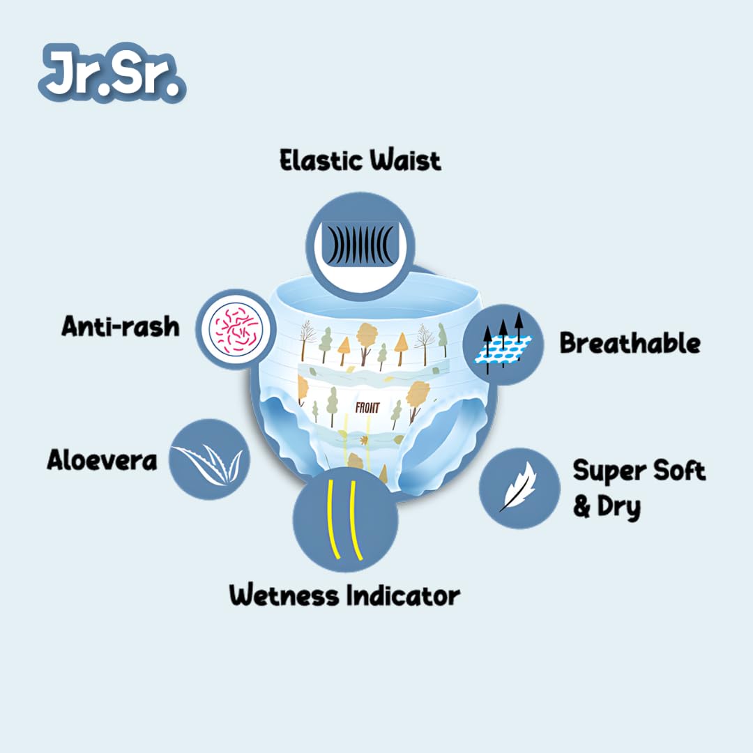 Jr. Sr. Baby Diaper Pants | Medium (M) Size (7-12 kg), 144 Count | Pack of 2 | Upto 12 hr Absorption with Advanced Leak Protection | Safe For Babies Skin | Soft, Secure & Comfy - Image 3