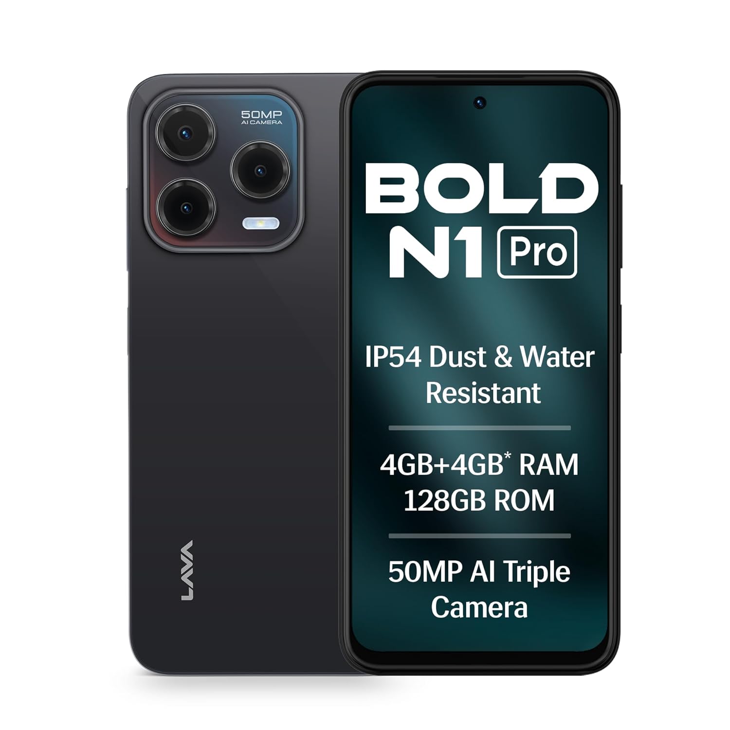 Lava Bold N1 Pro (Stealth Black, 4 GB RAM, 128 GB Storage)| Bigger 6.67" HD+ IP54 Display | 120 Hz Refresh Rate | 50 MP AI Triple Rear Camera | 8 MP Front Camera| 5000 mAh Battery| Charger in Box - Image 2
