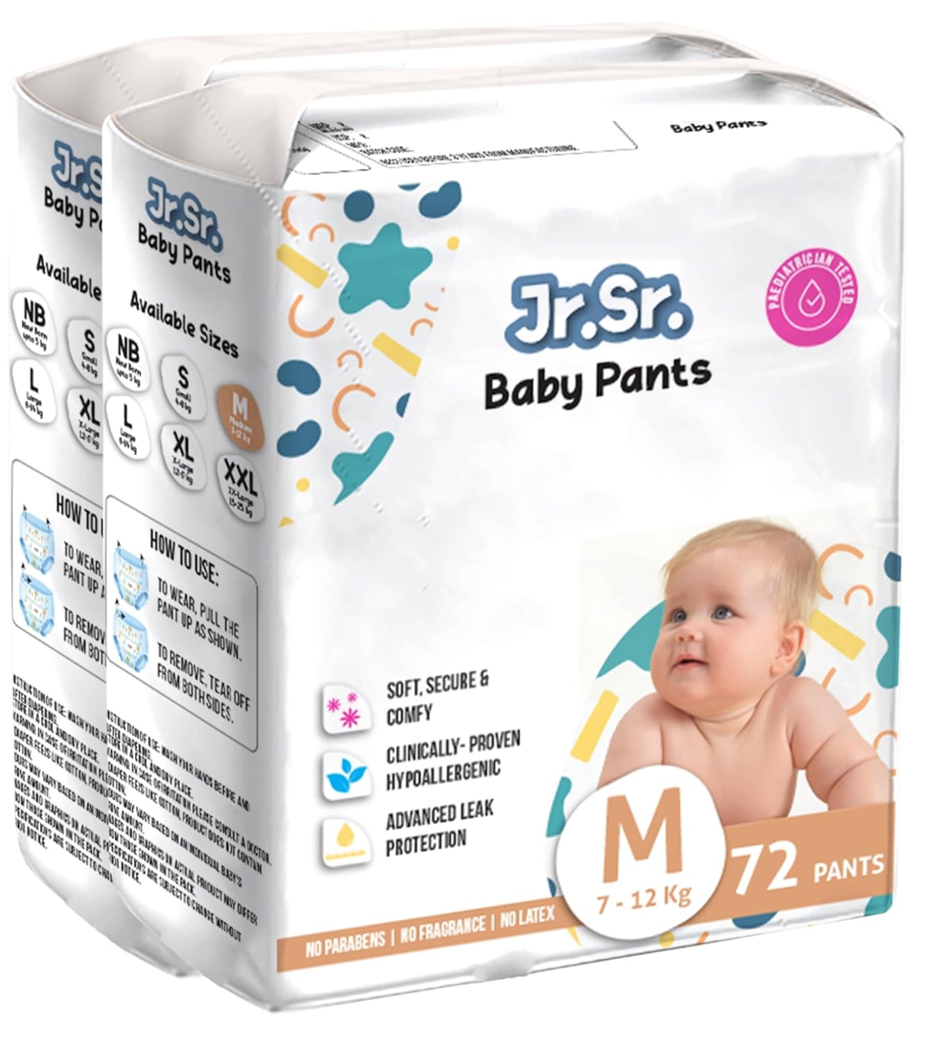 Jr. Sr. Baby Diaper Pants | Medium (M) Size (7-12 kg), 144 Count | Pack of 2 | Upto 12 hr Absorption with Advanced Leak Protection | Safe For Babies Skin | Soft, Secure & Comfy - Image 2