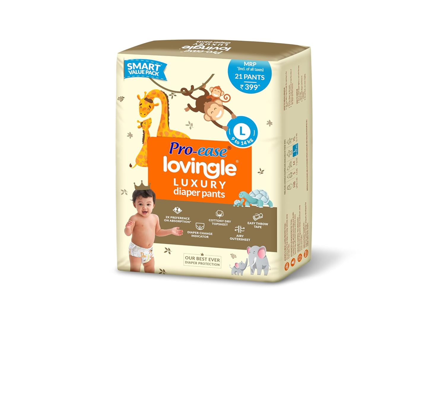 Pro-ease Lovingle Luxury Baby Diaper|Pant Style Diaper for Baby|Diaper L size|2X preference on Absorption*IAdvanced Leakage Protection|Wetness Indicator|Easy Throw Tape|9-14 kg|21 Pieces - Image 2