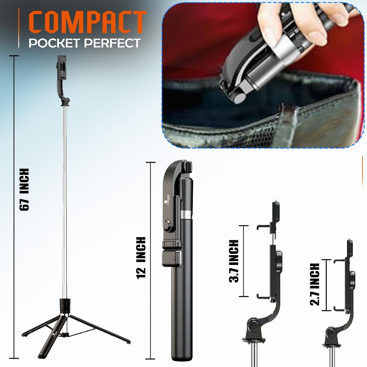 Kratos K9 Selfie Stick Tripod With Light, 67 inch /170CM Reinforced Tripod for Mobile Phone, Multi-Functional Bluetooth Long Selfie Stick for Travel,Vlogging,Compatible with iPhone and All Smartphones - Image 8