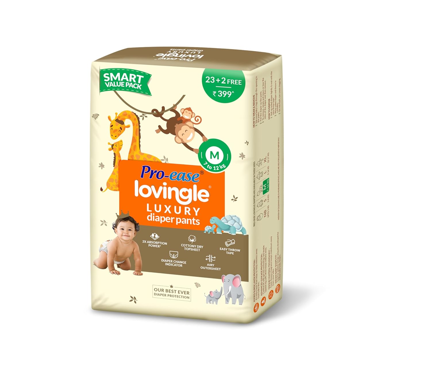 Pro-ease Lovingle Luxury Baby Diaper|Pant Style Diaper for Baby|Diaper M size|2X Absorption*IAdvanced Leakage Protection|Wetness Indicator|Easy Throw Tape|7-12 kg|25(23+2Free) Pieces - Image 2