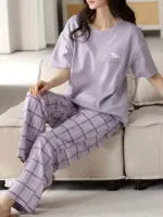SHIENZY Women Korean Style Night Suit | Round Neck Short Sleeve Cute Printed Cotton Blend Pajama Set for Girls & Women | Soft Nightwear, Loungewear, Sleepwear for Women | Full Pyjama Set | Co-ord Set - Image 2