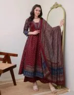 KLOSIA Women's Rayon Printed Anarkali Kurta and Pant with Dupatta Set - Image 4