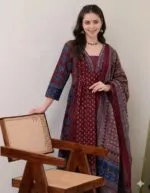 KLOSIA Women's Rayon Printed Anarkali Kurta and Pant with Dupatta Set - Image 3