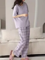 SHIENZY Women Korean Style Night Suit | Round Neck Short Sleeve Cute Printed Cotton Blend Pajama Set for Girls & Women | Soft Nightwear, Loungewear, Sleepwear for Women | Full Pyjama Set | Co-ord Set - Image 4
