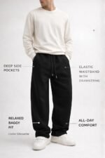 Men's Wide Leg Casual Pants, High Waist Cotton Blend, Drawstring, Light Colour, Relaxed Fit - Image 2