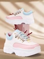 layasa Lace-Up Sneakers Lightweight Casual Sneakers for Women/Girls White/Pink - Image 4
