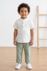 Baby Boy Outfit Set Mandarin Collar Shirt & Striped Pants Comfortable Summer Dress - Image 5