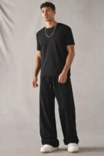 Men's Wide Leg Casual Pants, High Waist Cotton Blend, Drawstring, Light Colour, Relaxed Fit - Image 5
