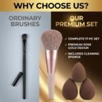 17Pc Makeup Kit Set – Premium 13-Piece Makeup Brush Set with 3 Makeup Sponges & 1 Color-Removal Sponge – Soft Synthetic Bristles, Rose Gold & Cream Design with Velvet Travel Pouch – Complete Professional Beauty Tools (Coffee Edition) (Clean sponge and makeup puffs , color may vary or multicolour) - Image 7