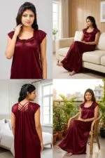 Satin Full Length Nighty for Women, Maroon Maxi Night Gown with Lace Detail, Soft Breathable Fabric, Stylish Night Dress - Image 3