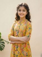 Girls Yellow Floral Print Kurta Set with Palazzo, Traditional Indian Ethnic Wear - Image 2