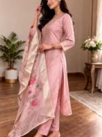 Women's Dusty Pink Rayon Kurta Set with Dupatta & Pants – 3-Piece Ethnic Wear Suit, Round Neck, 3/4 Sleeve, - Image 3