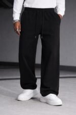 Men's Wide Leg Casual Pants, High Waist Cotton Blend, Drawstring, Light Colour, Relaxed Fit - Image 3