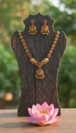 Traditional Gold-Plated Lakshmi Temple Pendant Necklace Set for Women | Antique South Indian Jewelry with Jhumka Earrings | Ethnic Bridal, Wedding & Festive Jewelry Set - Image 2
