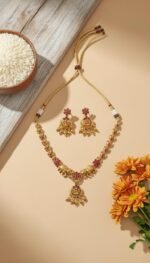 Traditional Gold-Plated Lakshmi Temple Pendant Necklace Set for Women | Antique South Indian Jewelry with Jhumka Earrings | Ethnic Bridal, Wedding & Festive Jewelry Set - Image 3