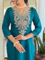 ELLITI Women's Solid Reach Color Embroidered Kurta with Floral Dupatta and Straight Pants, Festive & Traditional Outfit Ethnic Wear Set - Image 9