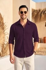 DEELMO Men's Casual Button Down Shirts Long Sleeve Linen Shirt Fashion Textured Beach Summer Shirt - Image 6