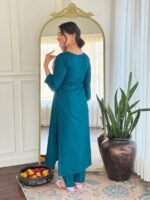 ELLITI Women's Solid Reach Color Embroidered Kurta with Floral Dupatta and Straight Pants, Festive & Traditional Outfit Ethnic Wear Set - Image 3