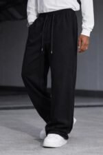 Men's Wide Leg Casual Pants, High Waist Cotton Blend, Drawstring, Light Colour, Relaxed Fit - Image 4