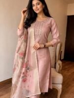 Women's Dusty Pink Rayon Kurta Set with Dupatta & Pants – 3-Piece Ethnic Wear Suit, Round Neck, 3/4 Sleeve, - Image 4