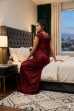 Satin Full Length Nighty for Women, Maroon Maxi Night Gown with Lace Detail, Soft Breathable Fabric, Stylish Night Dress - Image 4
