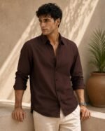 Zilcon Men's Solid Coffee Brown Casual Cotton Blend Shirt - Image 5