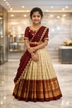 White Button New latest half Saree South Indian Langa Voni pattu pavadai lehenga choli for girls - Image 2