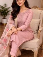 Women's Dusty Pink Rayon Kurta Set with Dupatta & Pants – 3-Piece Ethnic Wear Suit, Round Neck, 3/4 Sleeve, - Image 5