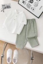 Baby Boy Outfit Set Mandarin Collar Shirt & Striped Pants Comfortable Summer Dress - Image 3