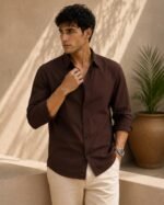 Zilcon Men's Solid Coffee Brown Casual Cotton Blend Shirt - Image 3