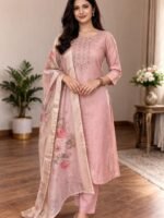 Women's Dusty Pink Rayon Kurta Set with Dupatta & Pants – 3-Piece Ethnic Wear Suit, Round Neck, 3/4 Sleeve, - Image 2