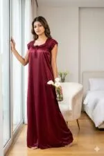 Satin Full Length Nighty for Women, Maroon Maxi Night Gown with Lace Detail, Soft Breathable Fabric, Stylish Night Dress - Image 5