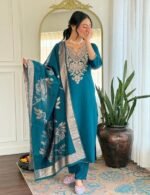 ELLITI Women's Solid Reach Color Embroidered Kurta with Floral Dupatta and Straight Pants, Festive & Traditional Outfit Ethnic Wear Set - Image 6