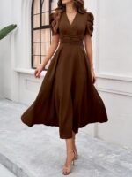 Shasmi Girl's & Women's Solid Color V-Neck A-Line Maxi Dress for Women | New Year Party Outfit | Waist Cinched Puff Sleeve Western | Elegant Casual Wear (Dress 246) - Image 4