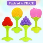 GLUN® Pack of 4 Silicone Baby Teether Toys for 5-12 Months, BPA Free Baby Teether, Sensory Teether & Baby Chew Toy, Soft Gum Relief Toy for Infants, Strawberry Orange Grape Apple Shapes, Gum Massager - Image 2