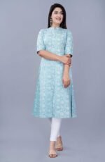 Women's Rayon Flax A-Line Kurti with Mandarin Collar, Printed Calf Length Elbow Sleeve Tunic for Formal & Casual Wear - Image 2