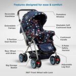 Mee Mee Little Explorer Baby Stroller/Pram for 0–3 Years | Foldable with Reversible Handle | 5-Point Safety Harness | Adjustable 3-Position Recline | 360° Wheels & Large Storage Basket | Navy Blue - Image 2
