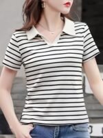 Women Short Sleeve Polo T-Shirts, Lady's Summer Striped Shirt, Collar Neck Casual Tank Tops - Image 3