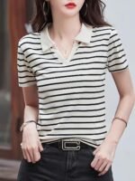 Women Short Sleeve Polo T-Shirts, Lady's Summer Striped Shirt, Collar Neck Casual Tank Tops - Image 4