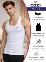 Lux Cozi Men's 100% Soft Cotton Vest Pack of 5 | Solid White Sleeveless Banyan for Men | Round Neck Vest | Breathable Lightweight Cotton Innerwear | Comfortable Regular Fit Undershirt for Daily Wear - Image 2
