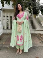 GoSriKi Viscose Kurta for Women | Kurta with Pant & Dupatta | Straight Embroidered Suit | Indian Ethnic Outfit Office Party Wedding Clothing Fashion Premium Traditional Style Look 3 Piece - Image 3