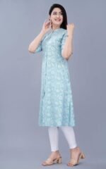 Women's Rayon Flax A-Line Kurti with Mandarin Collar, Printed Calf Length Elbow Sleeve Tunic for Formal & Casual Wear - Image 3