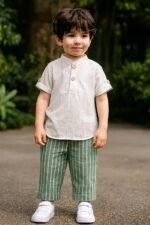 Baby Boy Outfit Set Mandarin Collar Shirt & Striped Pants Comfortable Summer Dress - Image 4
